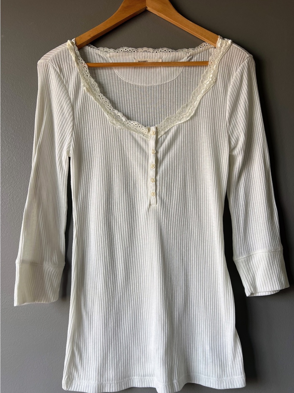 Old Navy Sheer Cream Ribbed Lace Trim Henley Top
